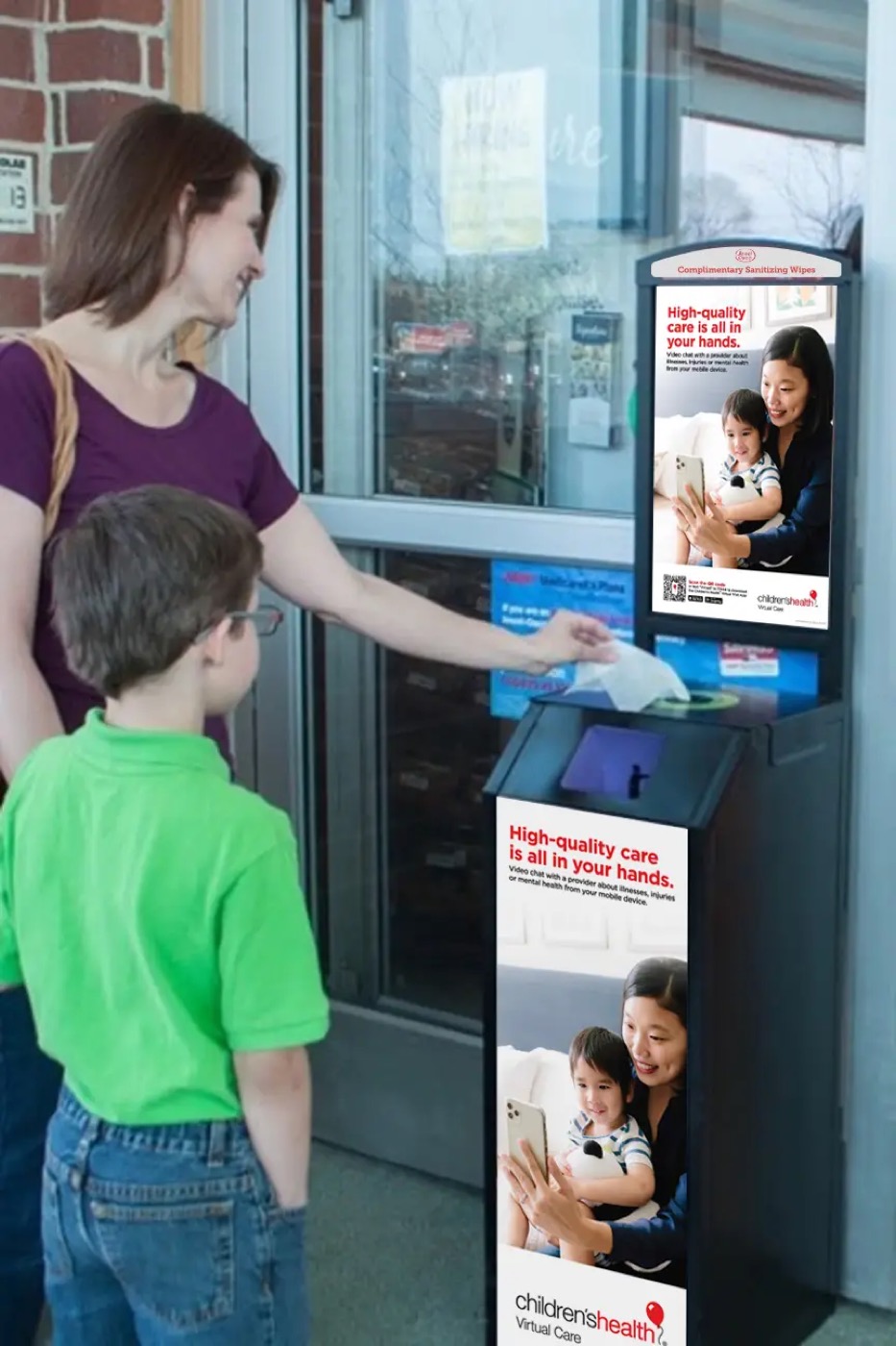 Terraboost dual-panel advertising kiosk placed inside a grocery store